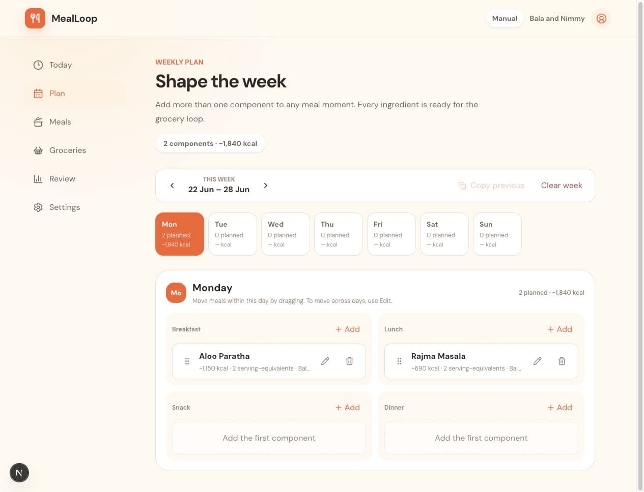 MealLoop weekly planning screen